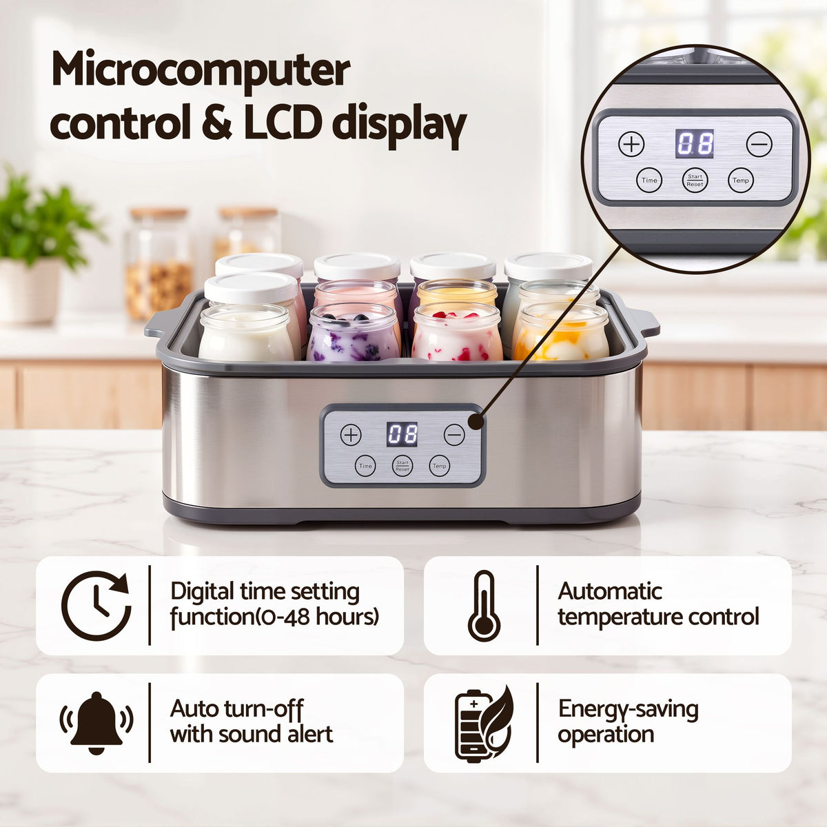 Devanti Yoghurt Maker Machine with 12x180ml Glass Cups Temp Control Grey
