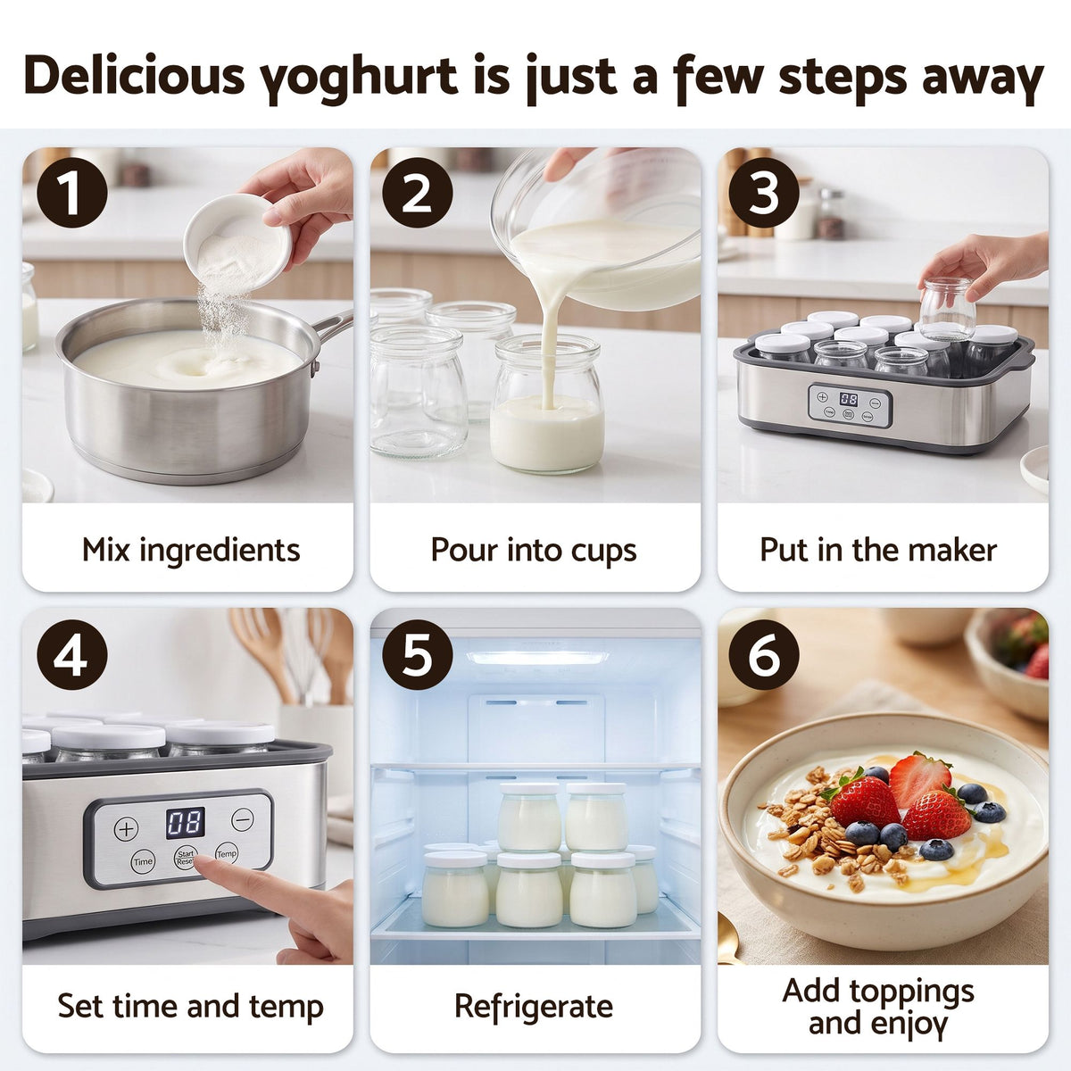 Devanti Yoghurt Maker Machine with 12x180ml Glass Cups Temp Control Grey