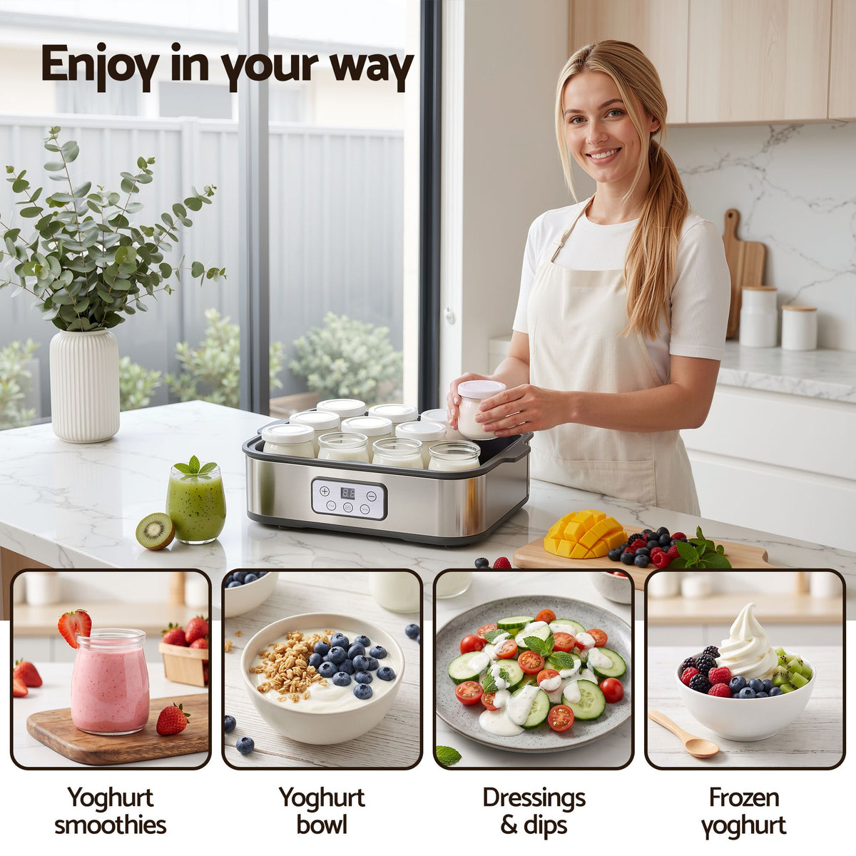 Devanti Yoghurt Maker Machine with 12x180ml Glass Cups Temp Control Grey