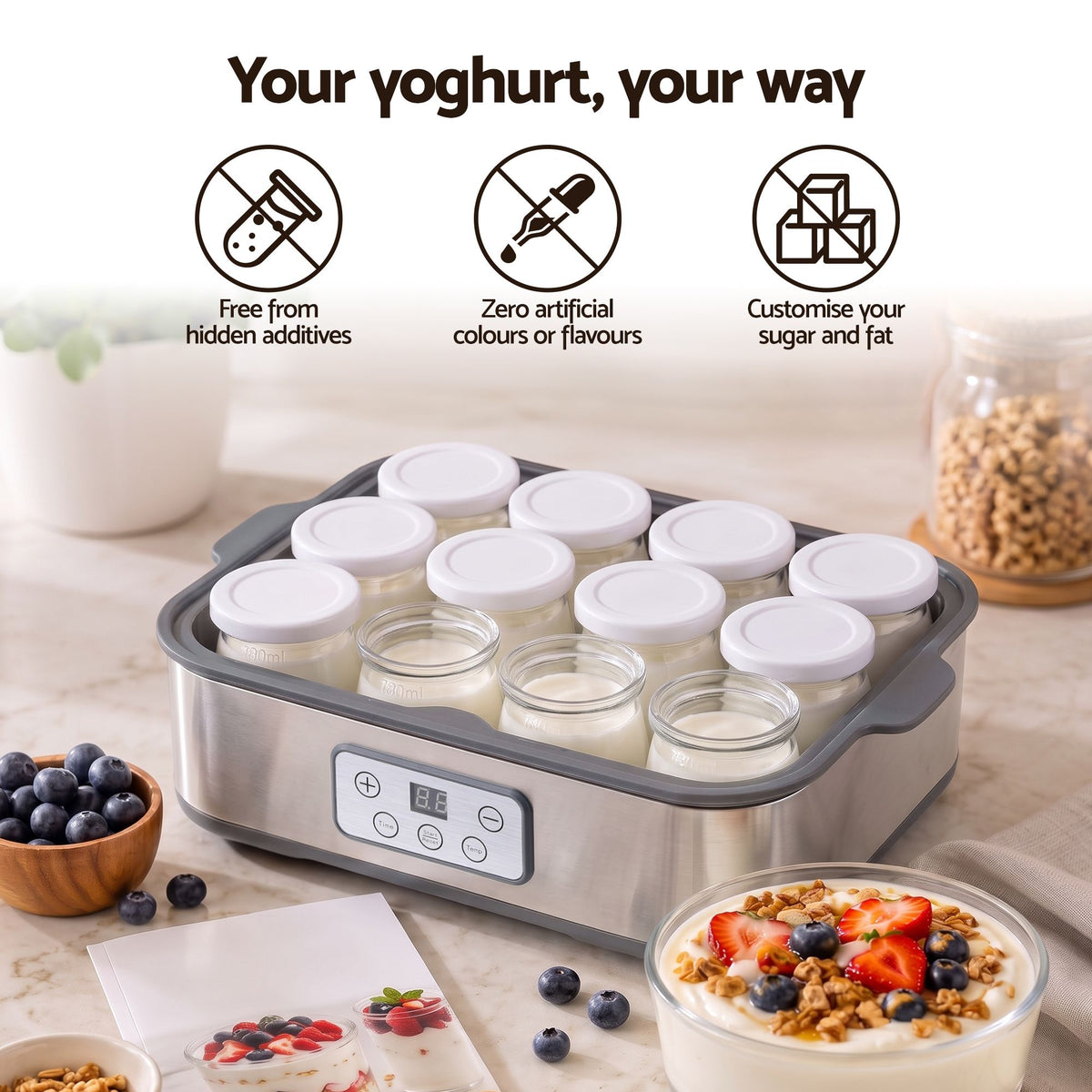 Devanti Yoghurt Maker Machine with 12x180ml Glass Cups Temp Control Grey