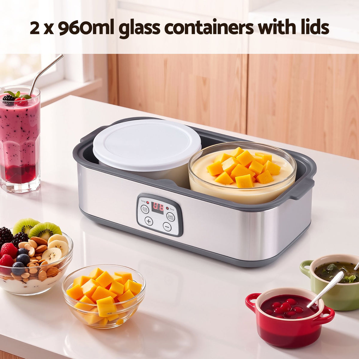 Devanti Greek Yoghurt Maker Machine 2x960ml Large Tubs Temp Control Grey