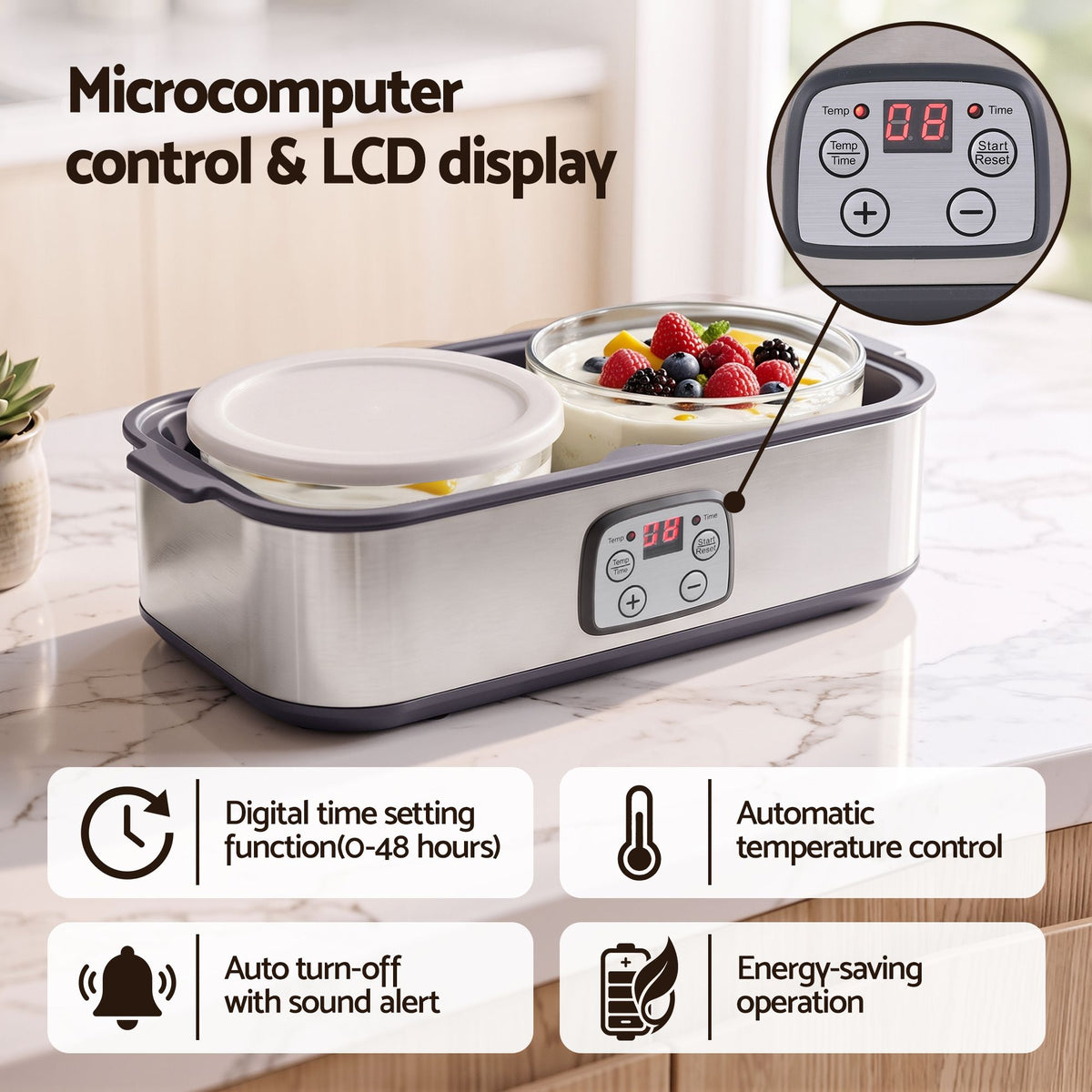 Devanti Greek Yoghurt Maker Machine 2x960ml Large Tubs Temp Control Grey