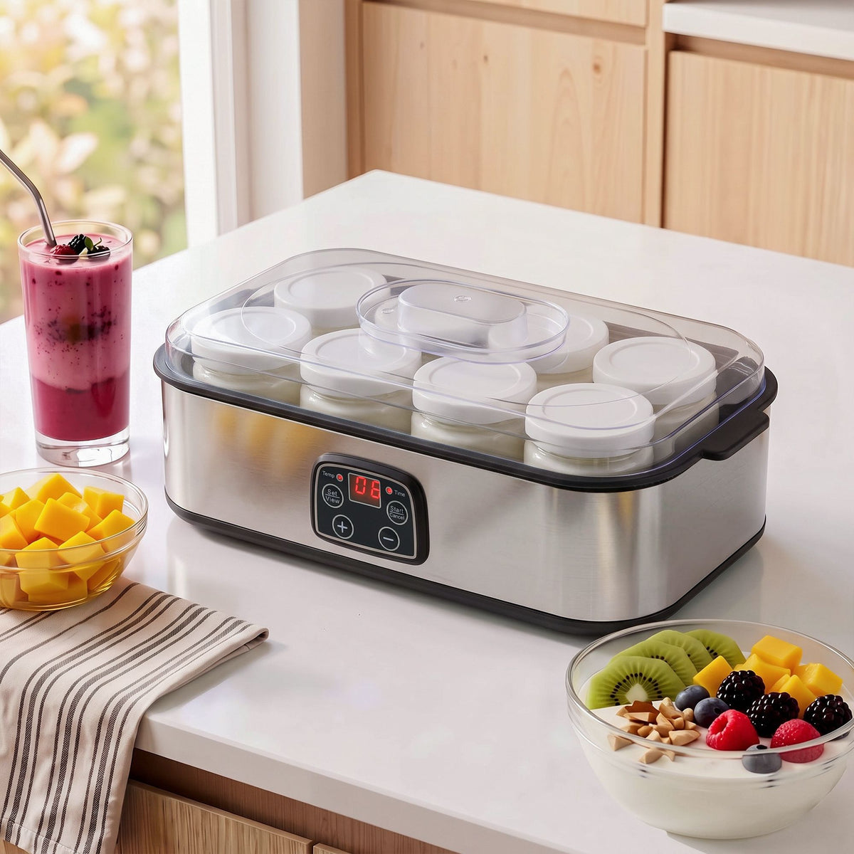 Devanti Yoghurt Maker Machine with 8x180ml Glass Cups Temp Control Black