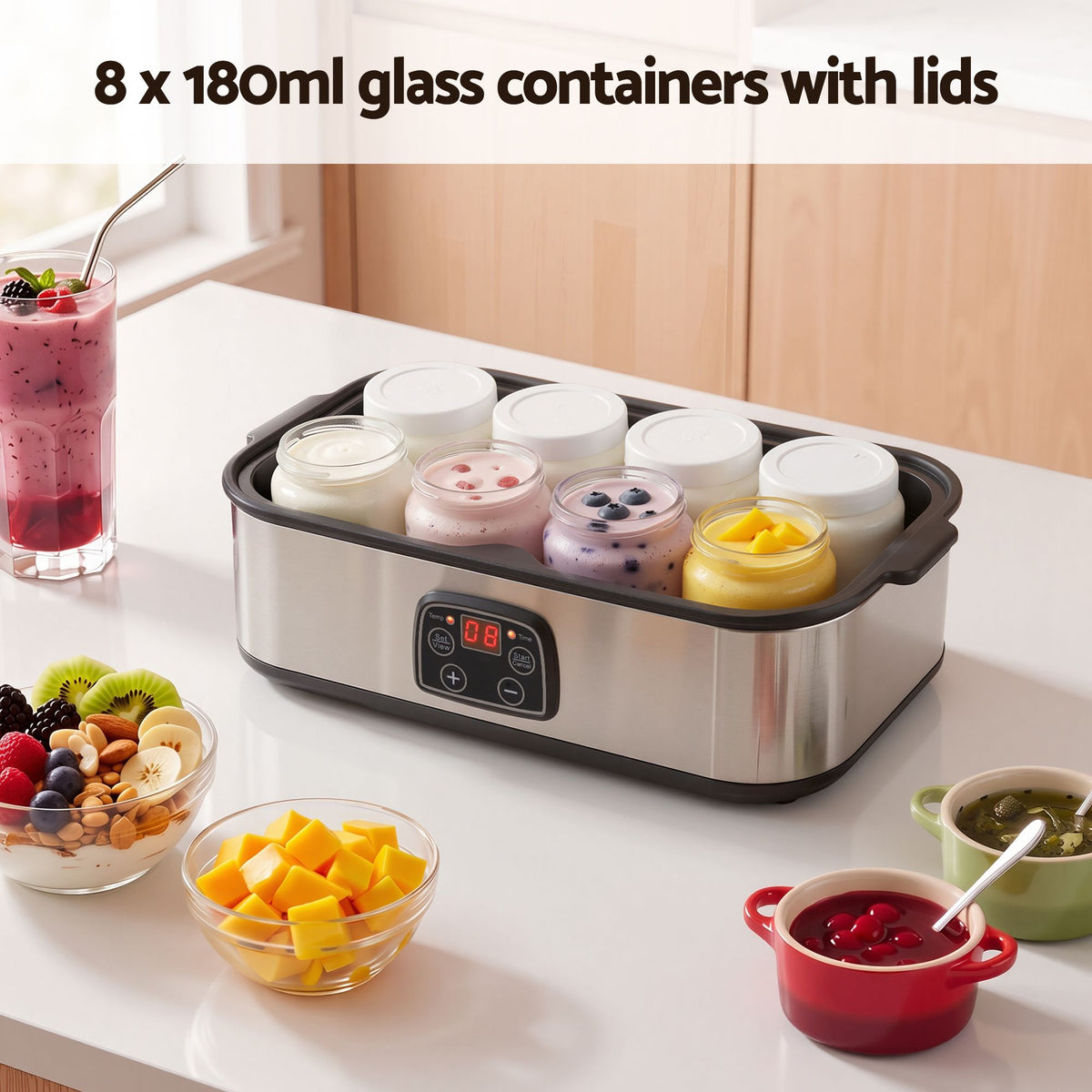 Devanti Yoghurt Maker Machine with 8x180ml Glass Cups Temp Control Black