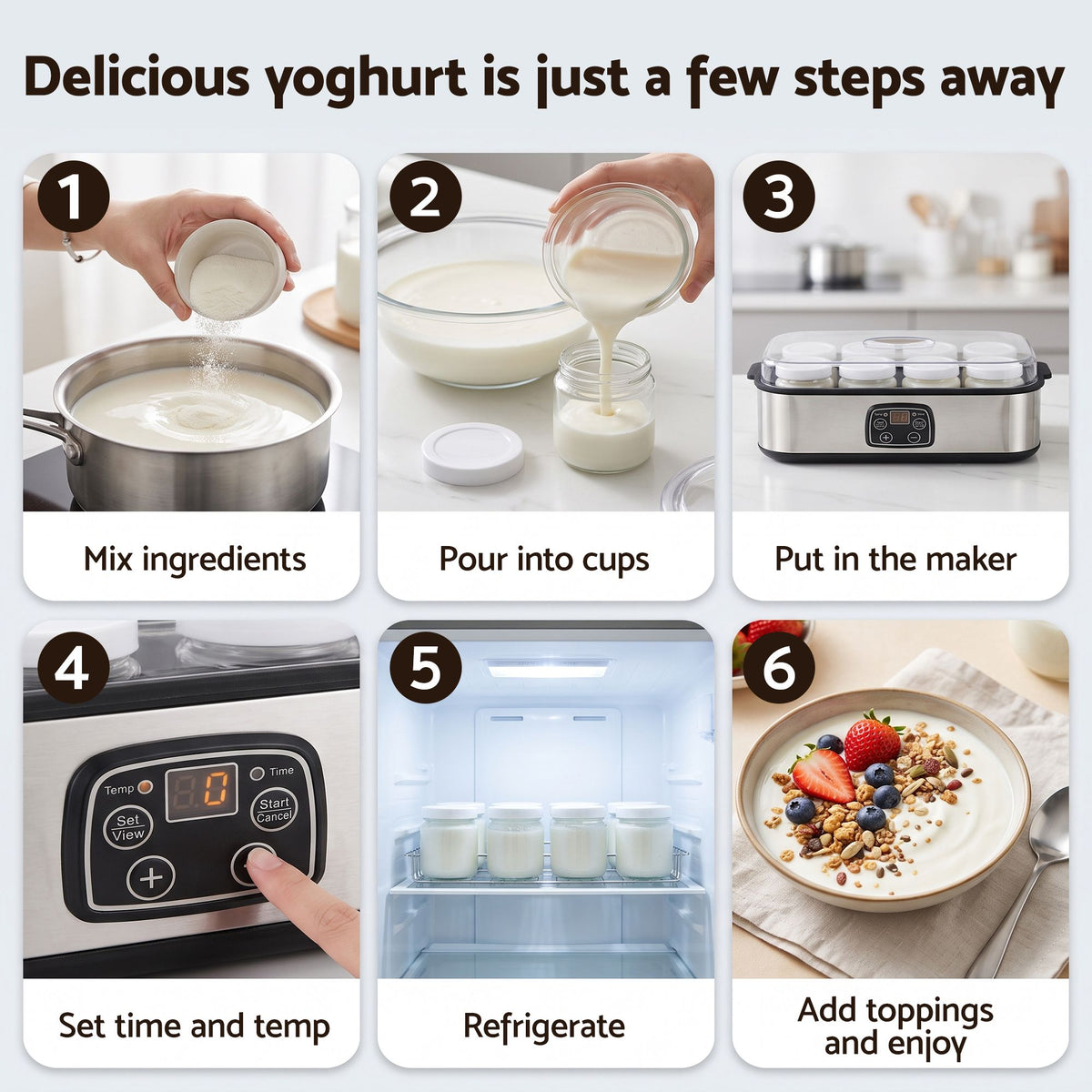 Devanti Yoghurt Maker Machine with 8x180ml Glass Cups Temp Control Black