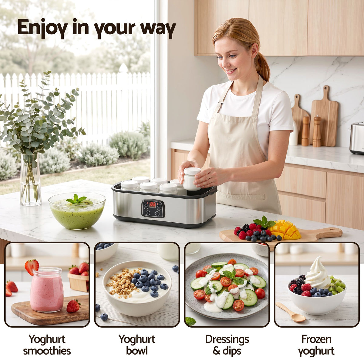 Devanti Yoghurt Maker Machine with 8x180ml Glass Cups Temp Control Black