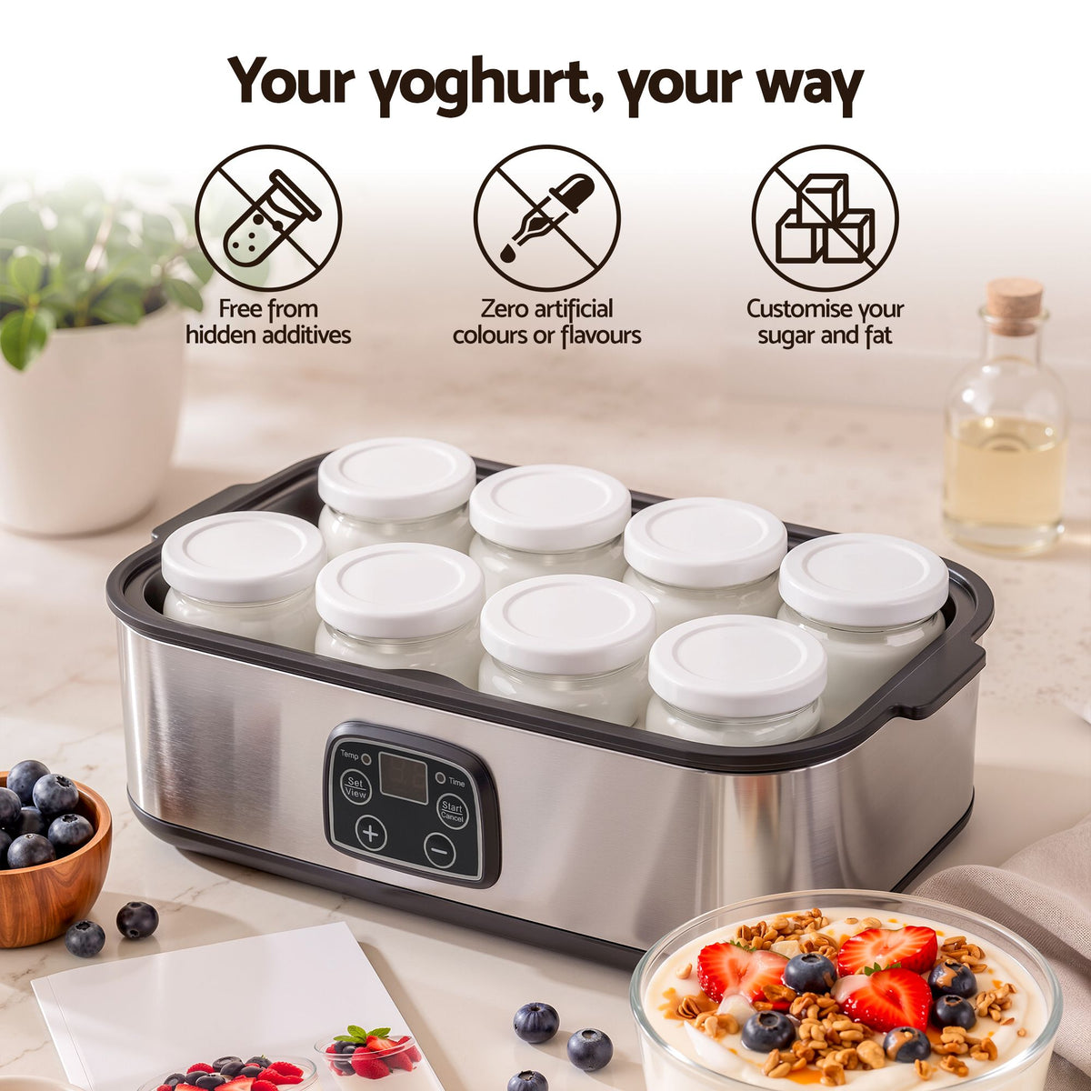 Devanti Yoghurt Maker Machine with 8x180ml Glass Cups Temp Control Black