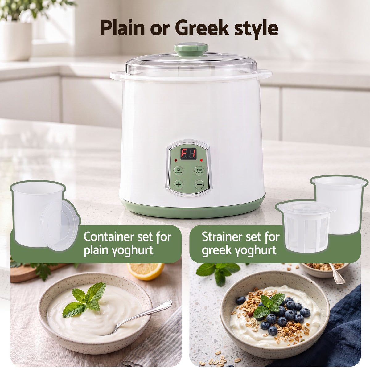 Devanti 2-in-1 Yoghurt Maker and Fermenter 2L with Greek Yoghurt Strainer Soft Cheese Machine