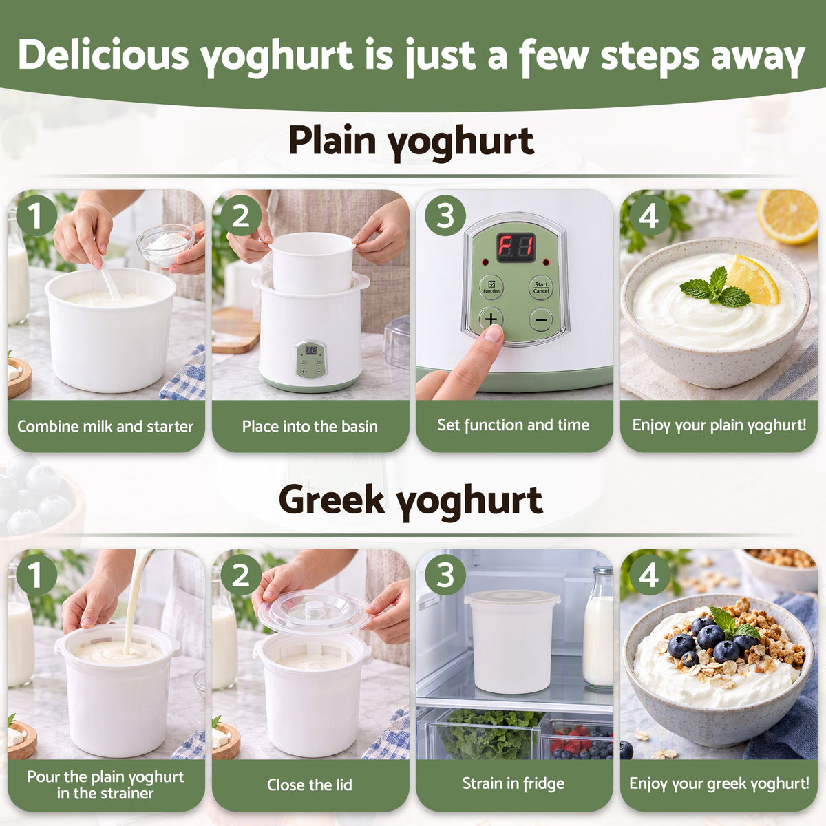 Devanti 2-in-1 Yoghurt Maker and Fermenter 2L with Greek Yoghurt Strainer Soft Cheese Machine