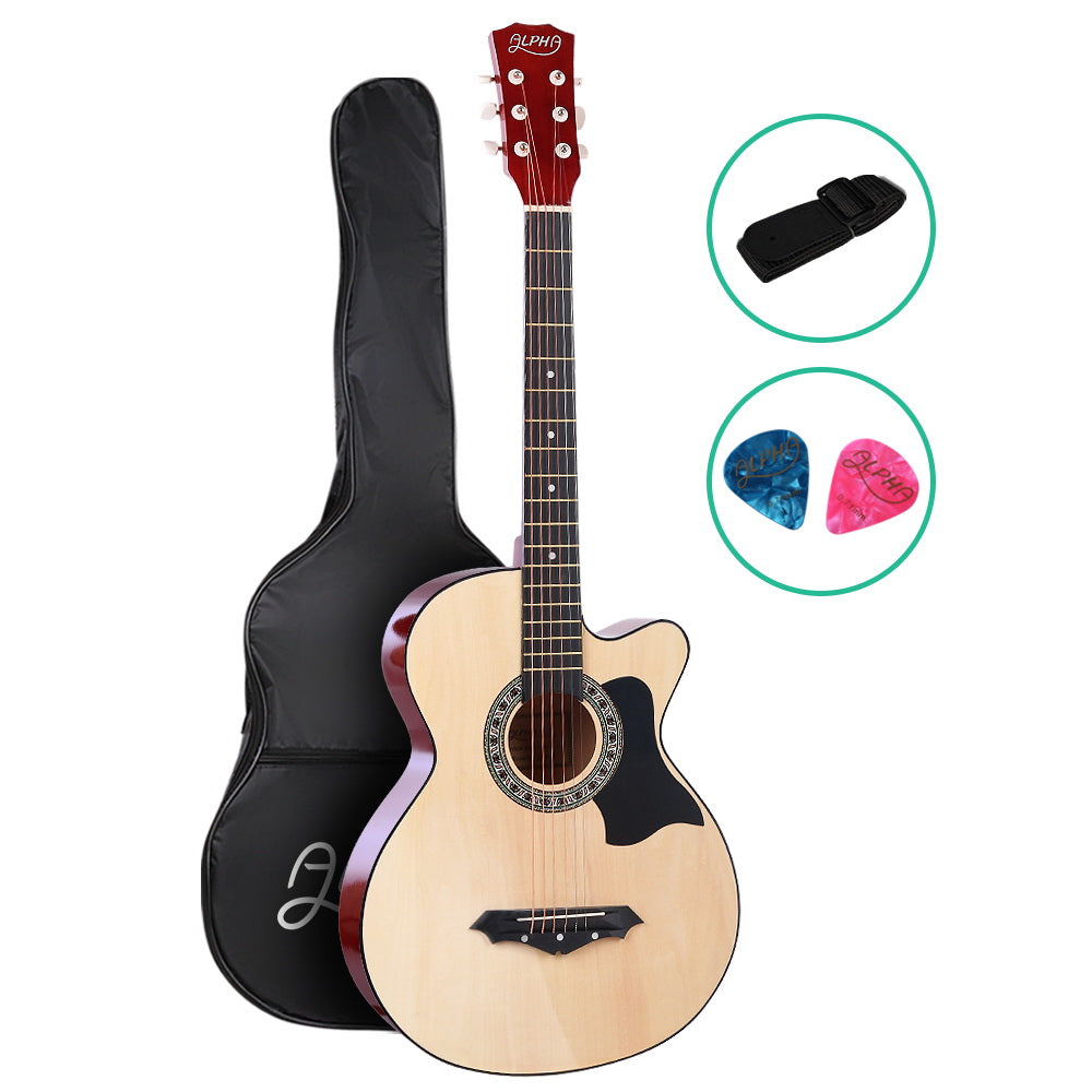 Alpha 38 Inch Acoustic Guitar Wooden Body Steel String Full Size Cutaway Wood