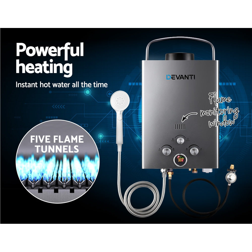 Devanti Portable Gas Water Heater 8L/Min With Pump LPG System Grey