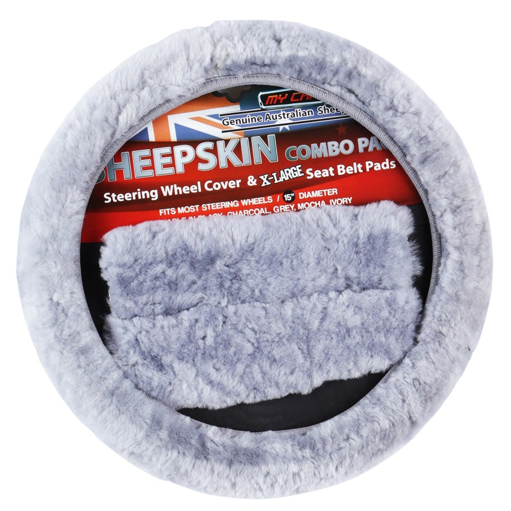 sheepskin-steering-wheel-cover-seat-belt-pads-combo-luxury-grey at www.mallsonline.com.au