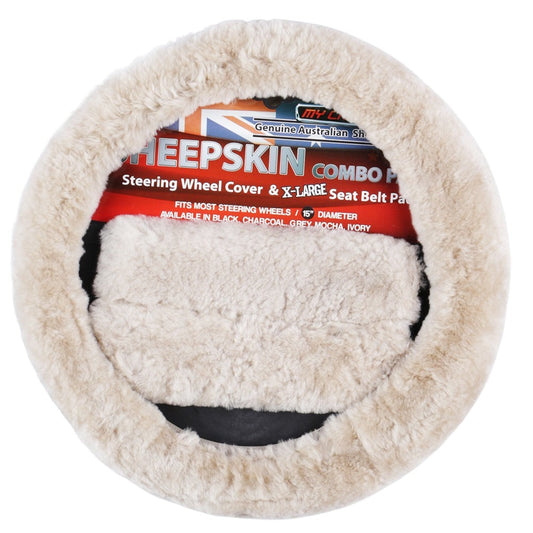 sheepskin-steering-wheel-cover-seat-belt-pads-combo-luxury-mocha at www.mallsonline.com.au