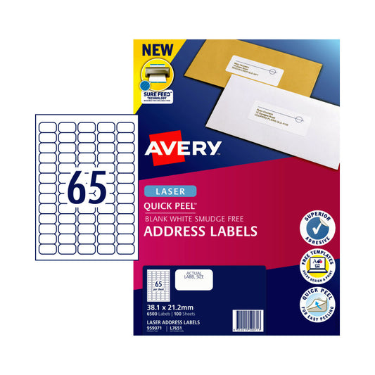 AVERY Laser Label QP L7651 65 Labels per Sheet, Pack of 100
