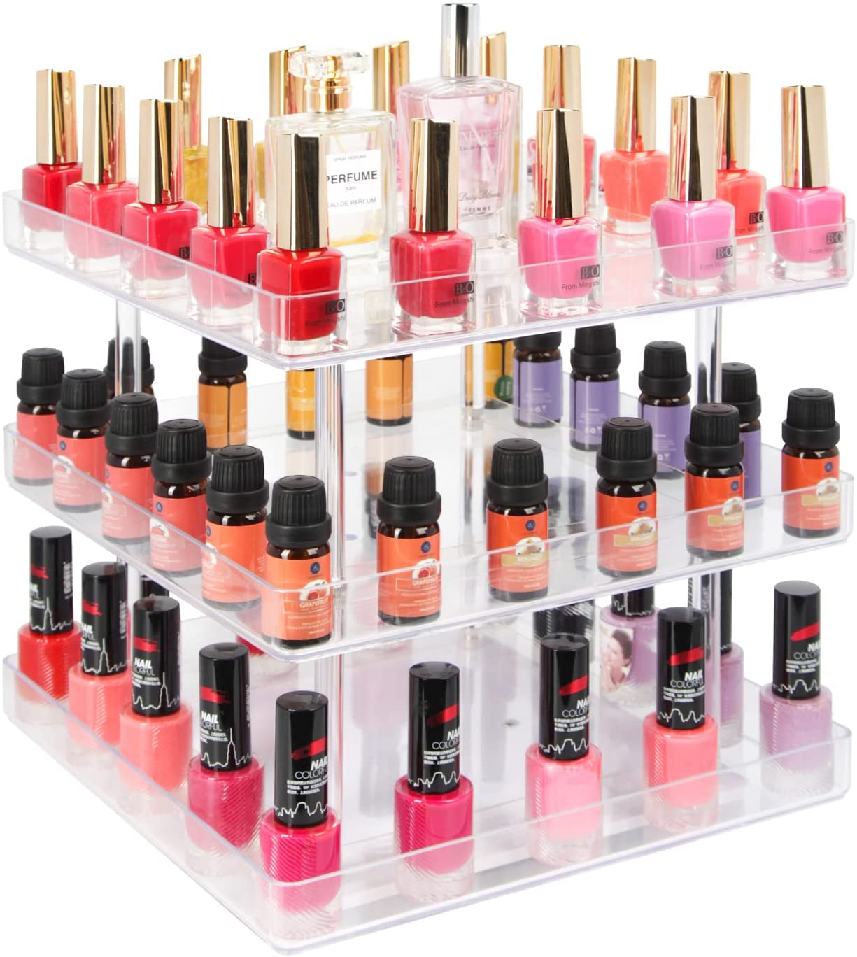 3-tier-360-rotating-display-rack-organizer-stand-for-clear-nail-polish-and-makeup-cosmetics-with-acrylic-guard