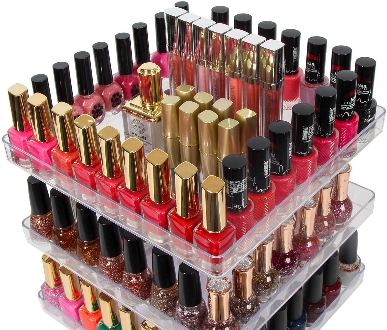 3-tier-360-rotating-display-rack-organizer-stand-for-clear-nail-polish-and-makeup-cosmetics-with-acrylic-guard