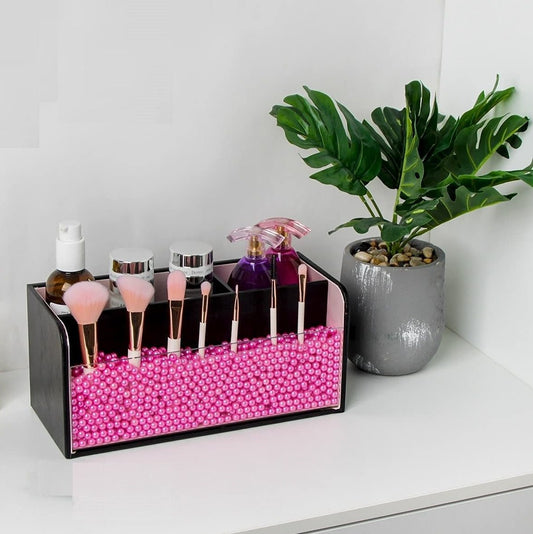 leather-makeup-brush-cosmetic-organiser-storage-box-with-pink-pearls-acrylic-cover-and-3-compartmentsblack