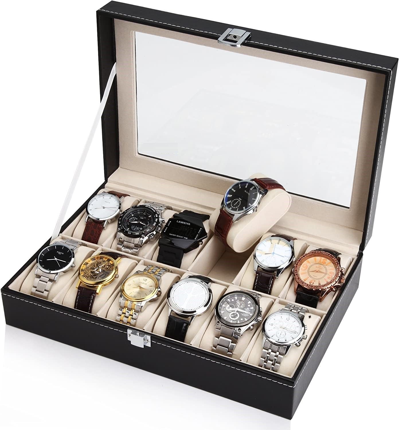 black-pu-leather-watch-organizer-display-storage-box-cases-for-men-women-12-slots at www.mallsonline.com.au