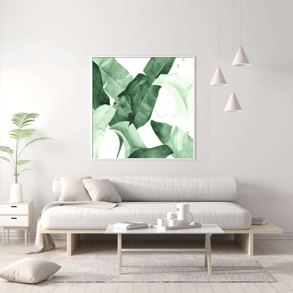 Wall Art 60cmx60cm Tropical Leaves Square Size White Frame Canvas