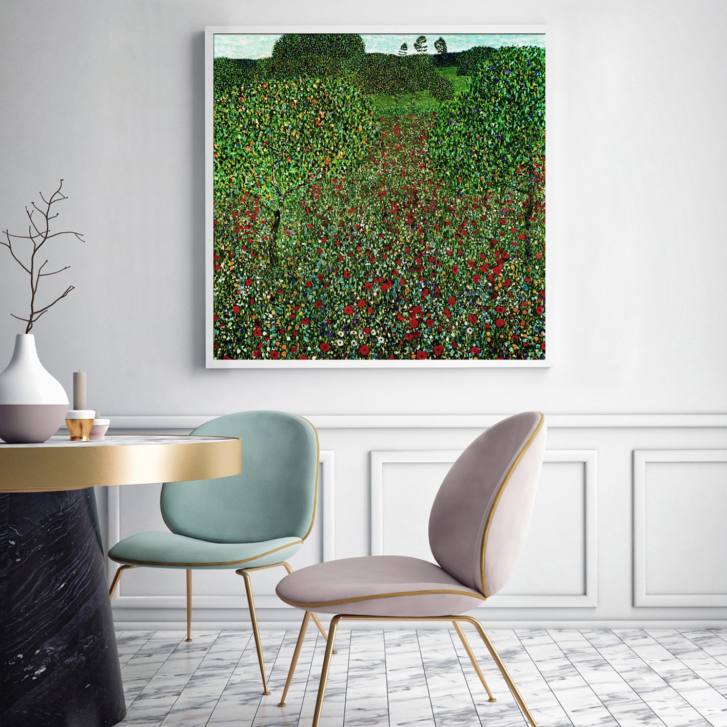 Wall Art 60cmx60cm Field of Poppies by Gustav Klimt White Frame Canvas