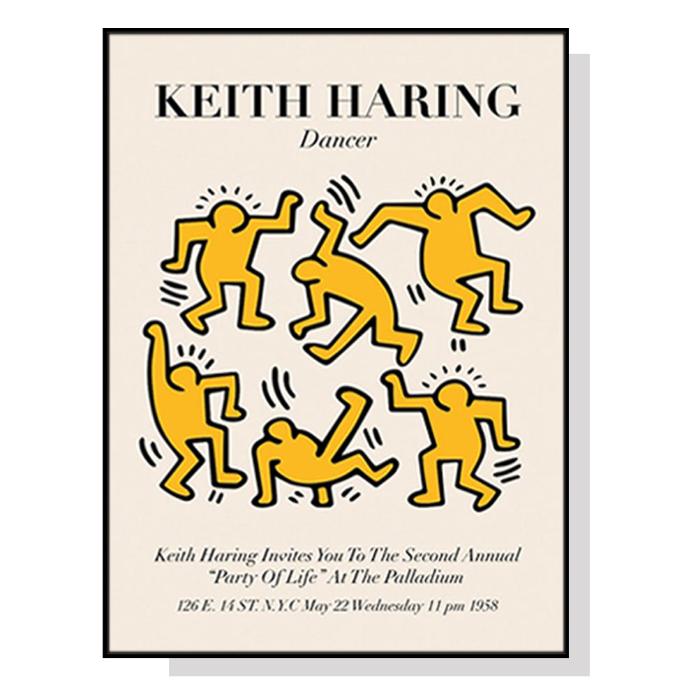 Wall Art 70cmx100cm Keith Haring Dancer Yellow Black Frame Canvas