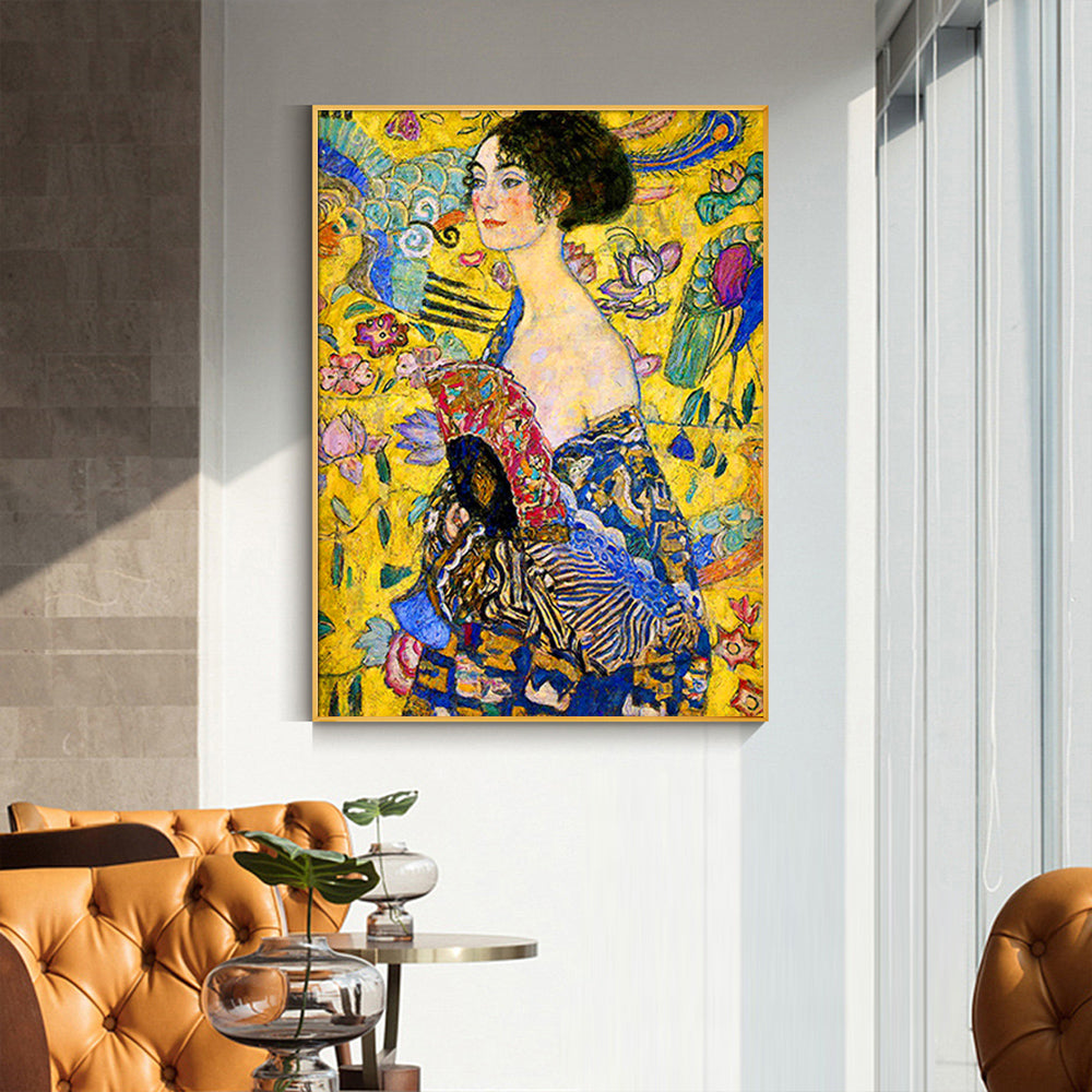 Wall Art 50cmx70cm Lady With A fan By Klimt Gold Frame Canvas