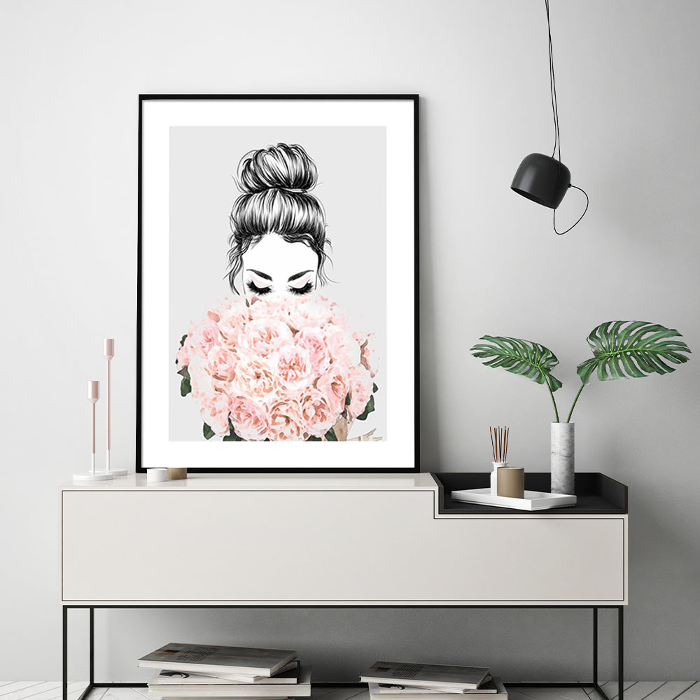 Wall Art 50cmx70cm Roses Girl Black Frame Canvas