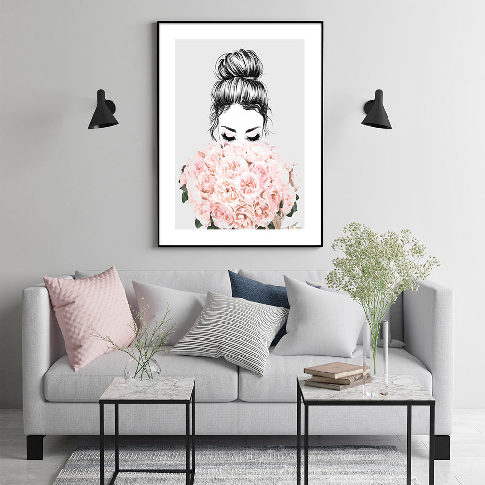 Wall Art 50cmx70cm Roses Girl Black Frame Canvas