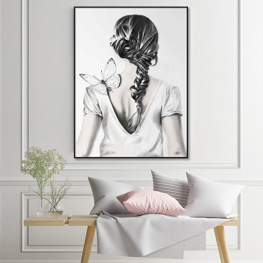 Wall Art 60cmx90cm Woman Back With Butterfly Black Frame Canvas