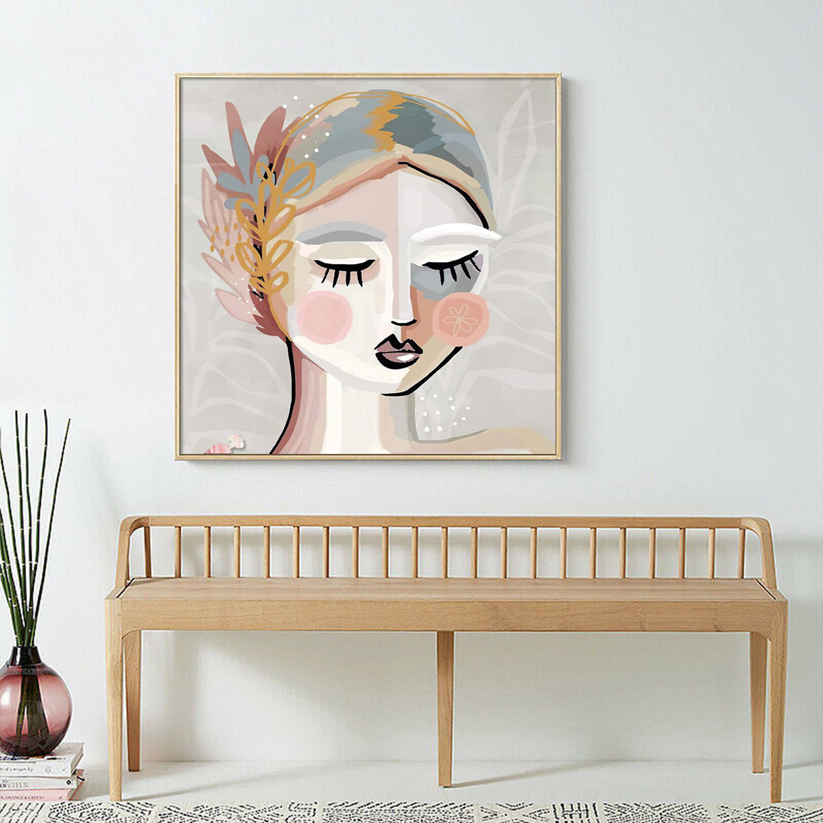 Wall Art 60cmx60cm Calm Girl Gold Frame Canvas