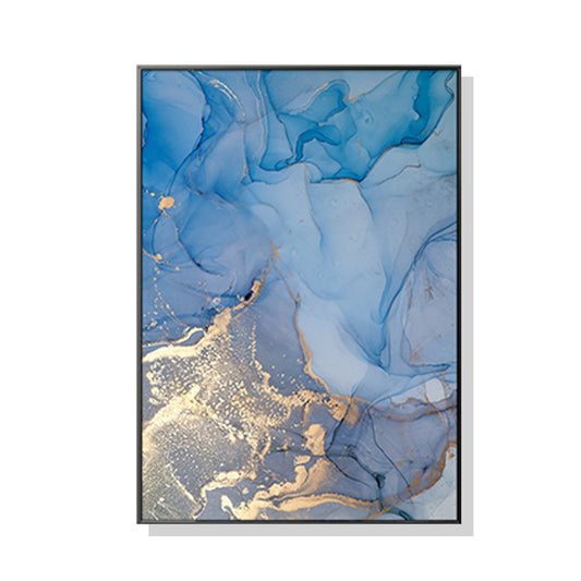 Wall Art 70cmx100cm Light Blue Marble With Gold Splash Black Frame Canvas