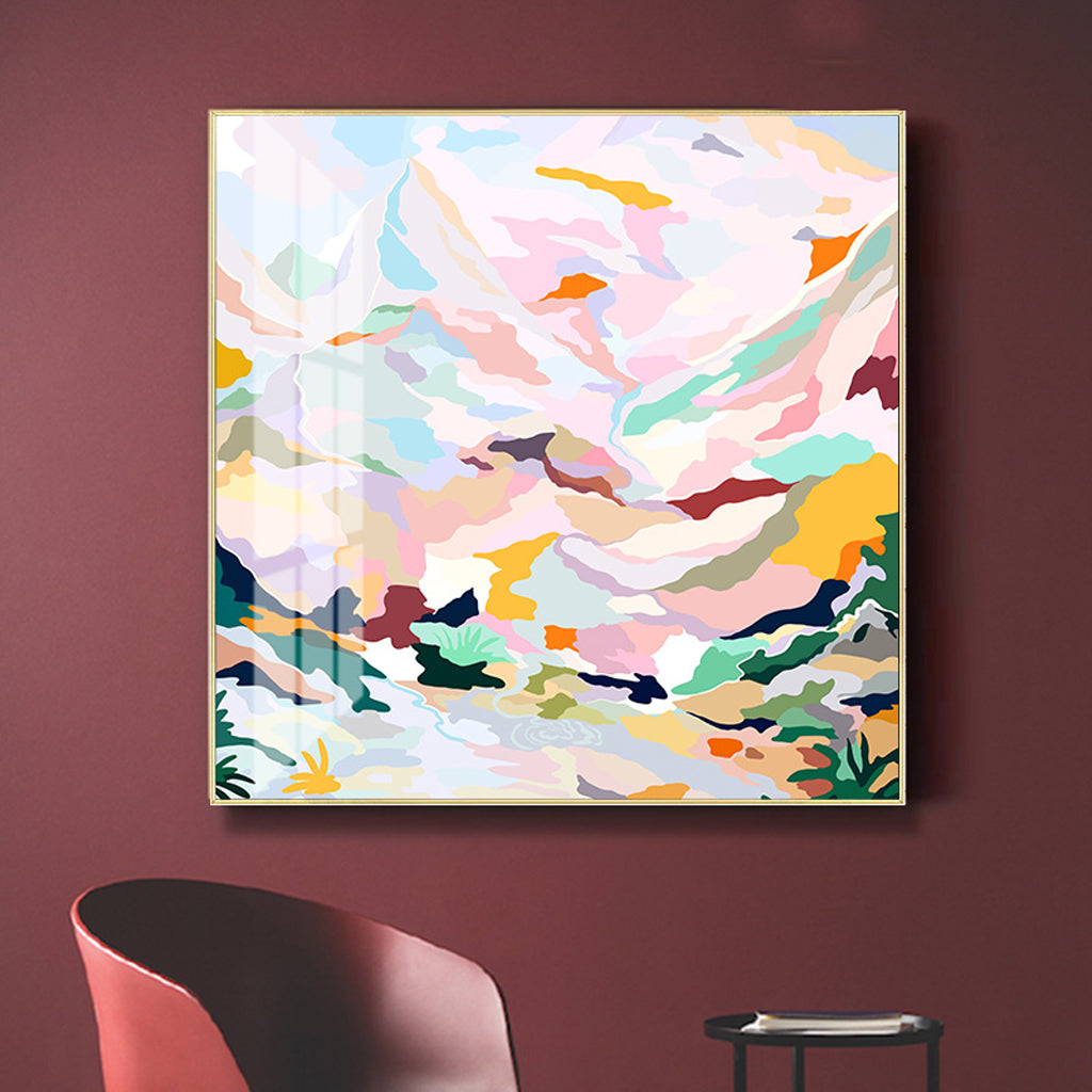 Wall Art 50cmx50cm Abstract Pink Mountain Hand Painted Style Gold Frame Canvas