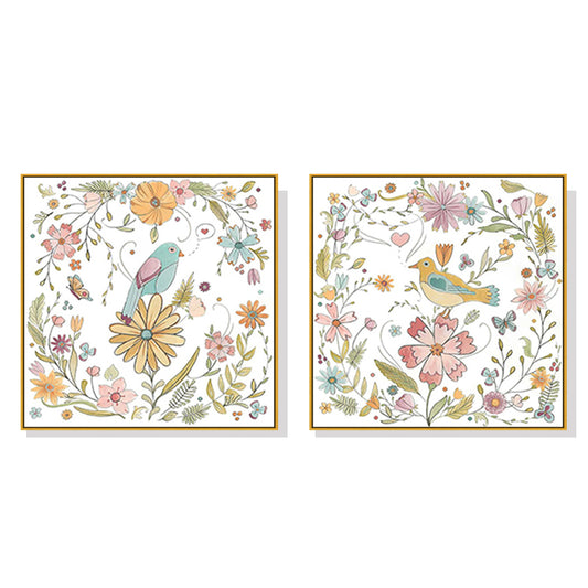 Wall Art 50cmx50cm Floral birds 2 Sets Gold Frame Canvas