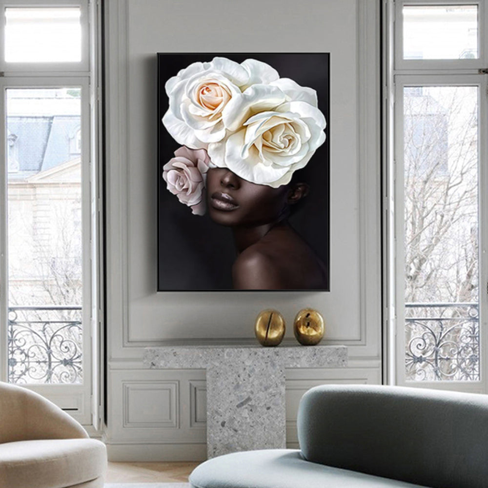 50cmx70cm-flower-african-woman-black-frame-canvas-wall-art