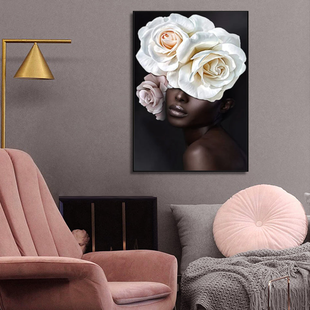 50cmx70cm-flower-african-woman-black-frame-canvas-wall-art