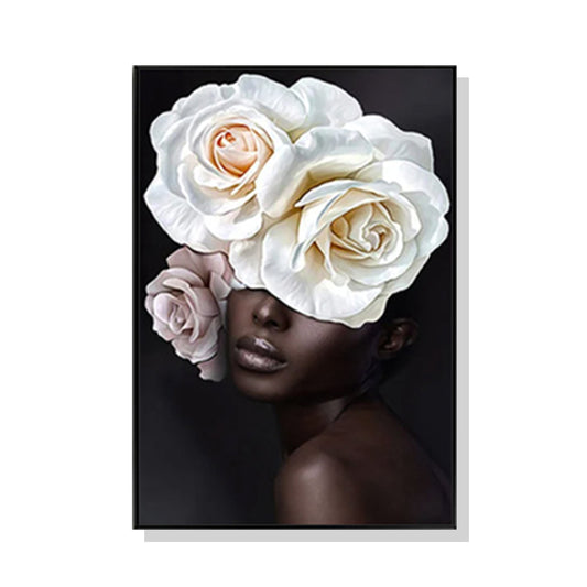 Wall Art 70cmx100cm Flower African Woman Black Frame Canvas