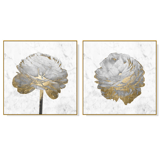 Wall Art 50cmx50cm Gold And White Blossom On White 2 Sets Gold Frame Canvas