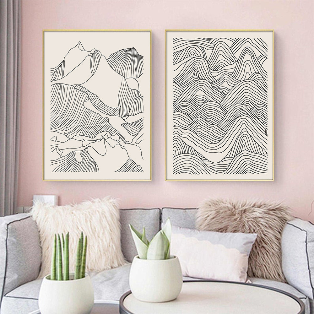 Wall Art 50cmx70cm Line Art Mountain 2 Sets Gold Frame Canvas