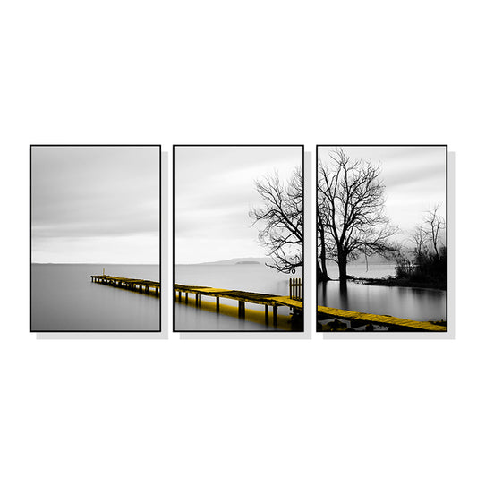 Wall Art 40cmx60cm Calm Lake Bridge Tree Scene 3 Sets Black Frame Canvas