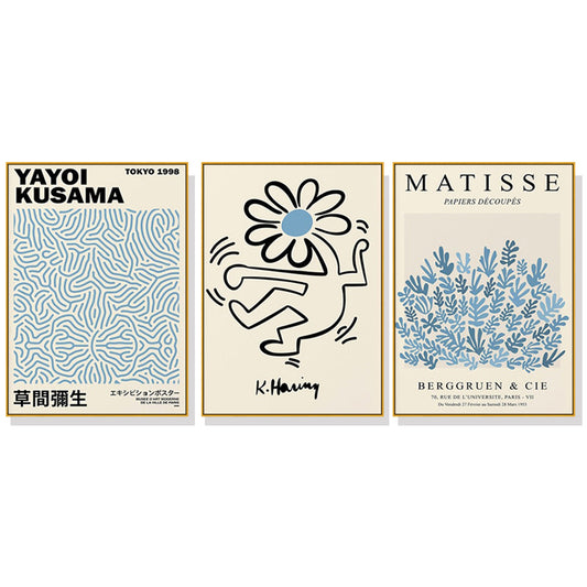 Wall Art 40cmx60cm Blue Matisse,Yayoi Kusama, Keith Haring Mix Art 3 Sets Gold Frame Canvas