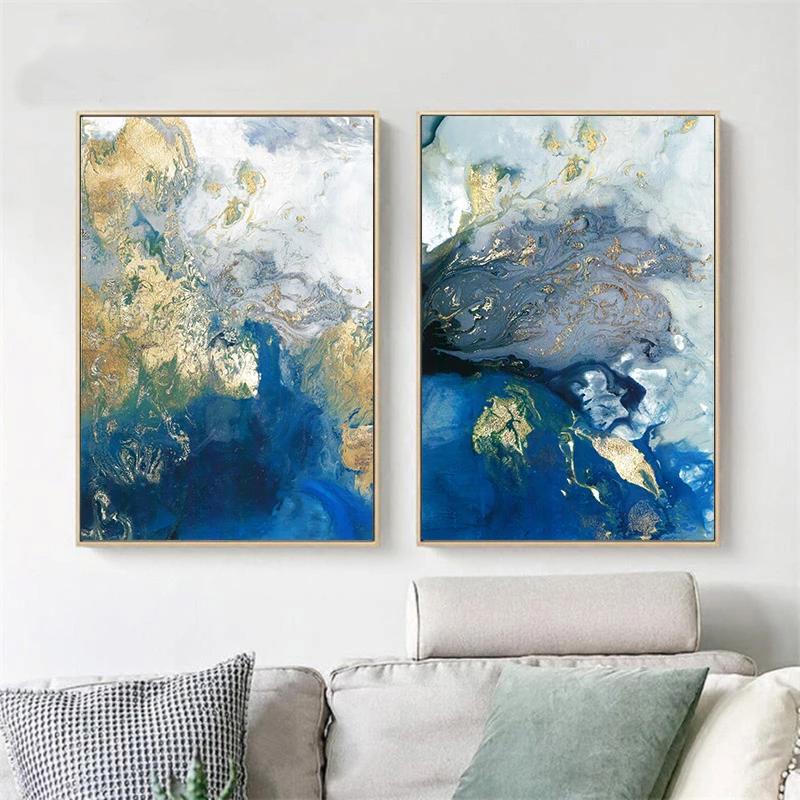 Wall Art 50cmx70cm Marbled Blue And Gold 2 Sets Gold Frame Canvas