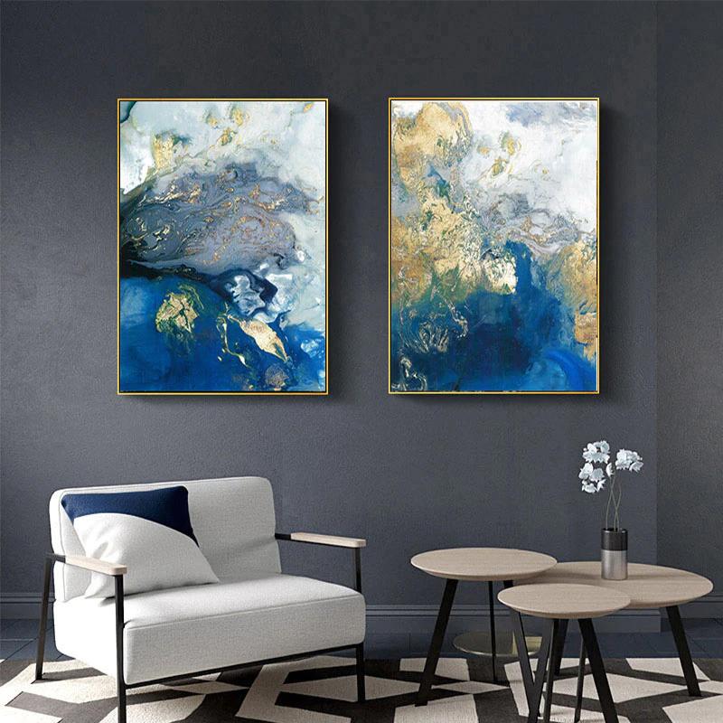 Wall Art 60cmx90cm Marbled Blue And Gold 2 Sets Gold Frame Canvas