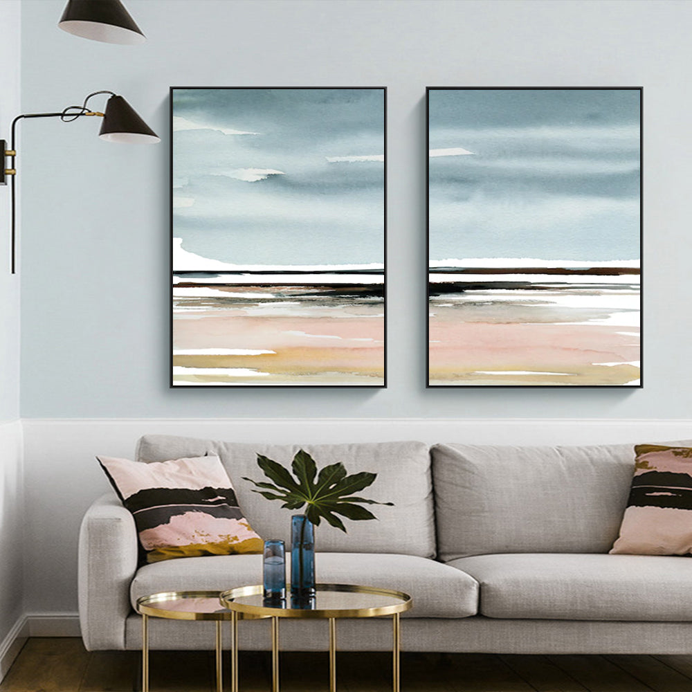 Wall Art 60cmx90cm Pink Beach Landscape 2 Sets Black Frame Canvas