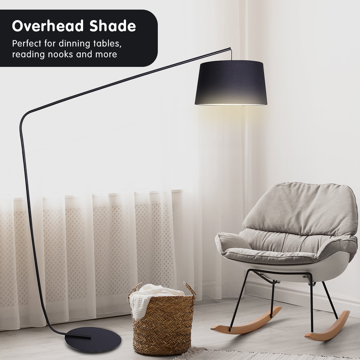 sarantino-metal-arc-floor-lamp-in-black-finish-with-linen-taper-shade at www.mallsonline.com.au