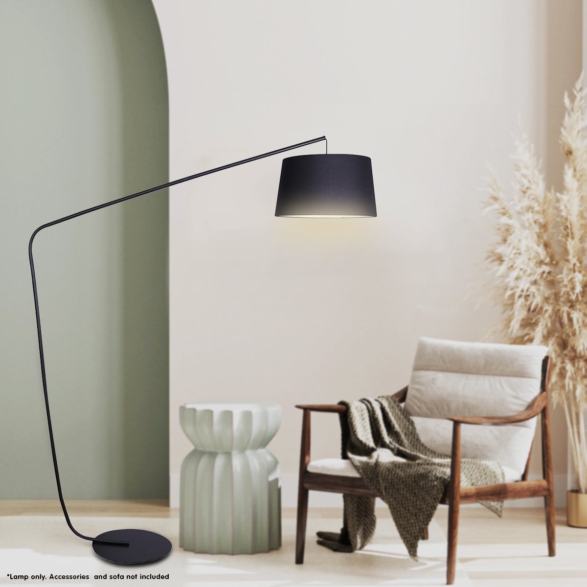 sarantino-metal-arc-floor-lamp-in-black-finish-with-linen-taper-shade at www.mallsonline.com.au