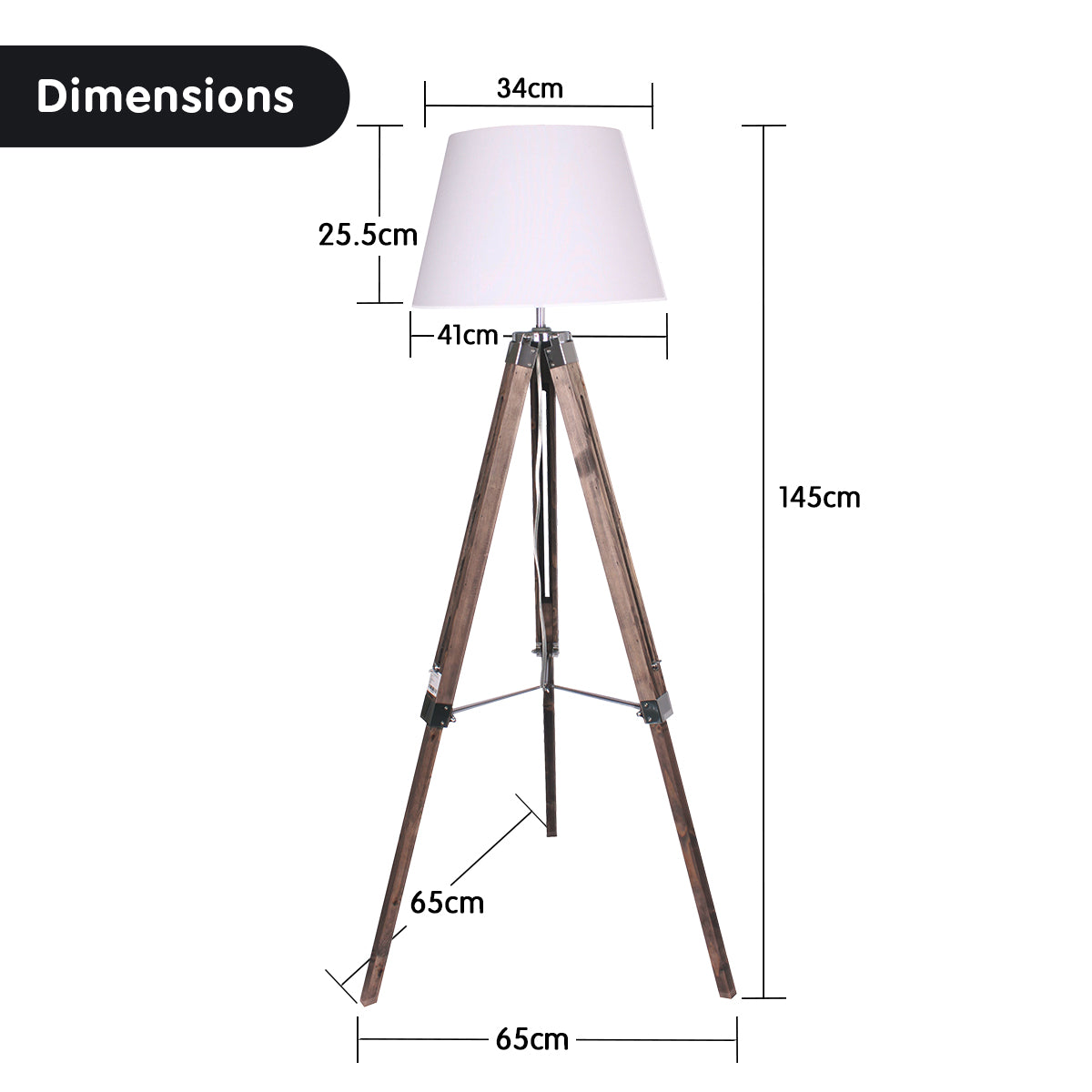 Sarantino Solid Wood Tripod Floor Lamp Adjustable Height White Shade