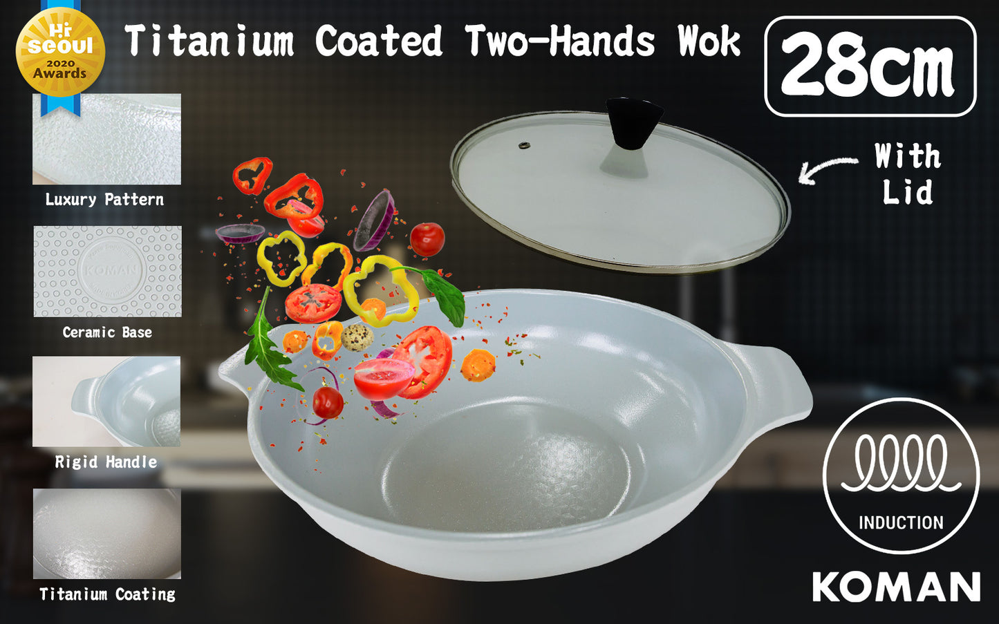 KOMAN Shinewon Vinch IH Two Hands Wok + Glass Lid 28cm Ceramic Non-stick Titanium GREY