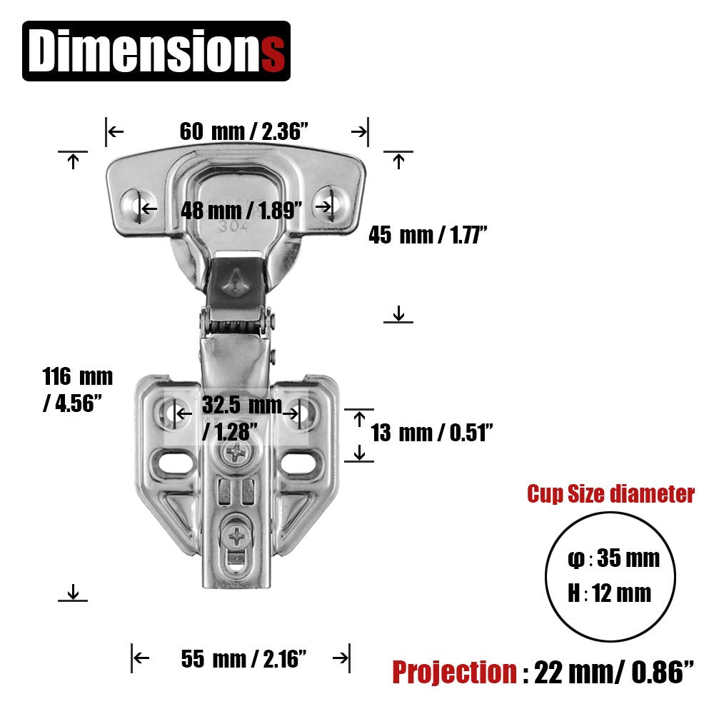 8 Pack 304 Stainless Steel Cabinet Hinges 100 Degree Soft Closing Insert Overlay Door Hinge Nickel Plated Finish