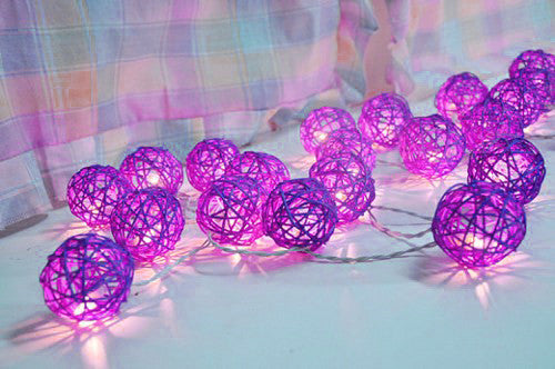 1 Set of 20 LED Cassis Purple 5cm Rattan Cane Ball Battery Powered String Lights