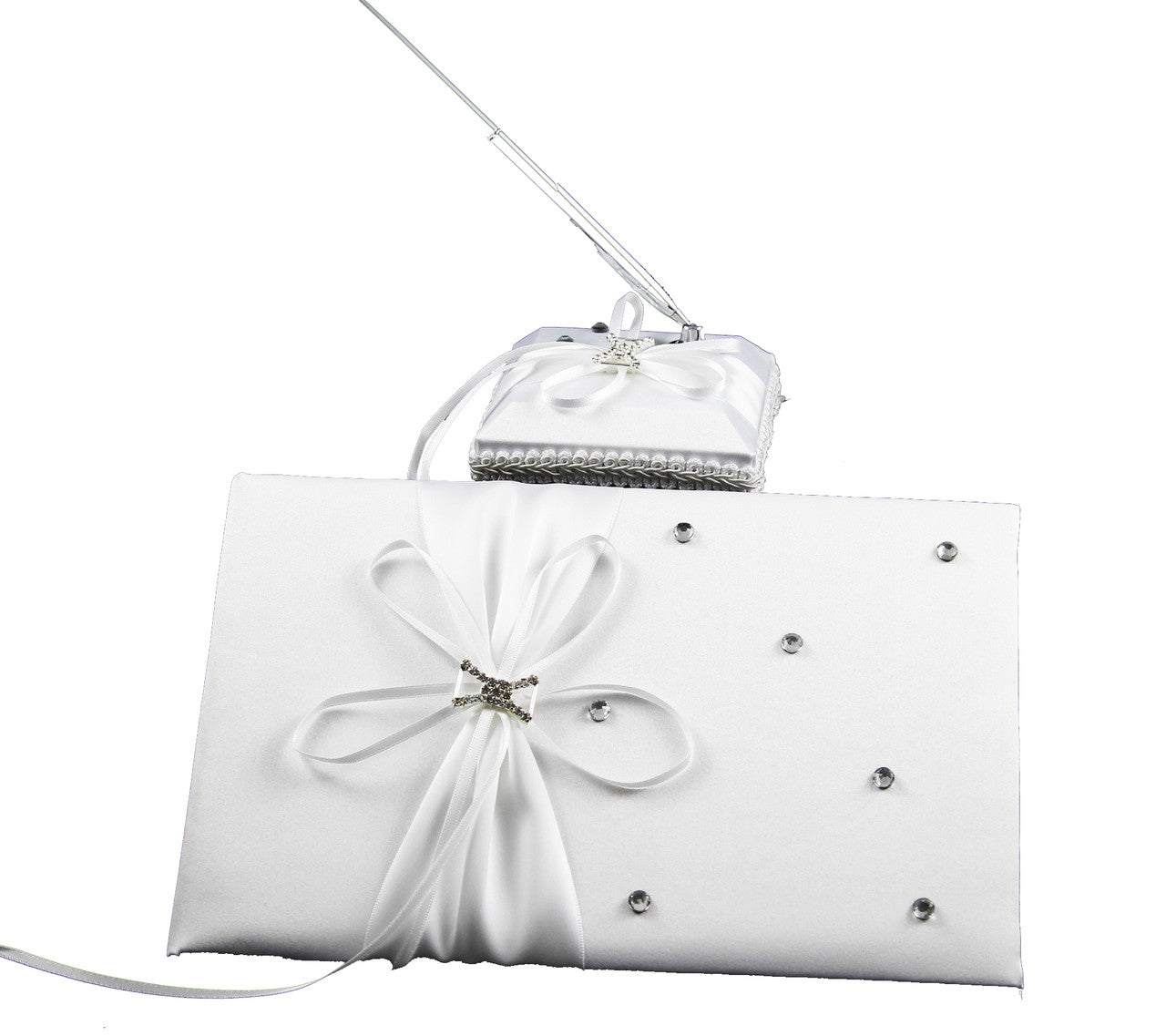 white-wedding-guest-book-register-with-silver-pen-matching-stand-set-36-lined-pages-white-ribbon-and-diamante-bow-cover www.mallsonline.com.au